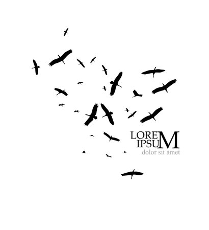 Silhouette of a flock of cranes. Hand drawn. Not AI, vector illustration.のイラスト素材