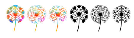 A set of different decorative dandelions. Hand drawn. Not AI,のイラスト素材