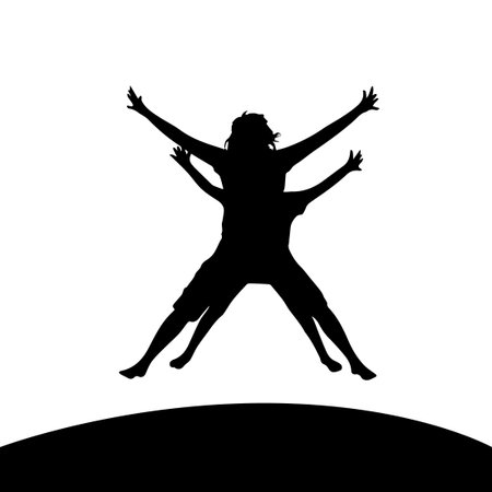Silhouette of happy jumping people. Mother and daughter. Hand drawn. Not AI, vector illustration.のイラスト素材