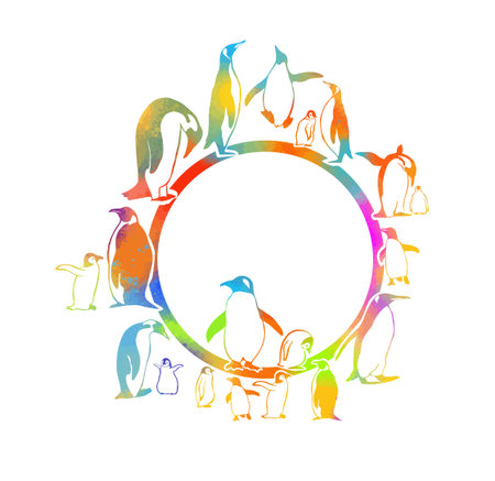 Round frame with colored penguins. penguin family. Hand drawn. Not AI, vector illustration.のイラスト素材