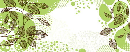 Beautiful decorative floral background with leaves and spots. Floral card. Hand drawn. Not AI, vector illustrationのイラスト素材