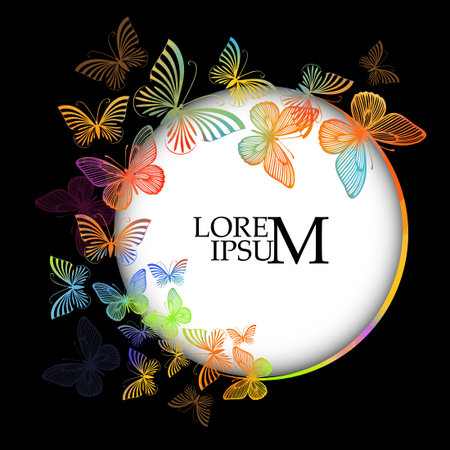 colored round frame with butterflies on black background. Hand drawn. Not AI, vector illustration.のイラスト素材