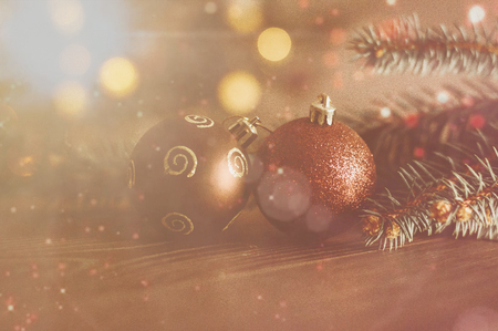 Brown Christmas balls on Christmas tree backgroundの写真素材