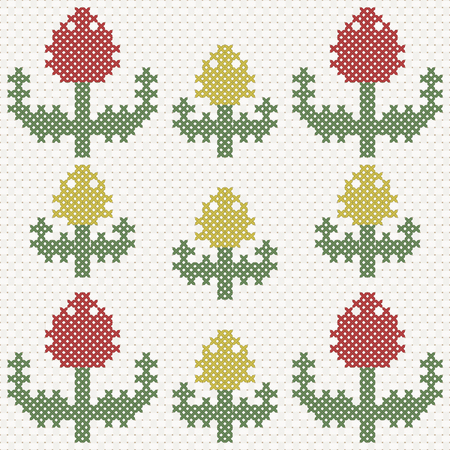 Yellow and red tulips, imitation of cross-stitch. Vector illustrationのイラスト素材