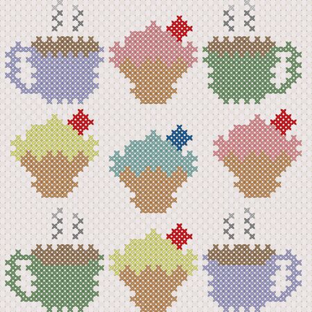 Cupcake and coffee, imitation of cross-stitch. Vector illustrationのイラスト素材