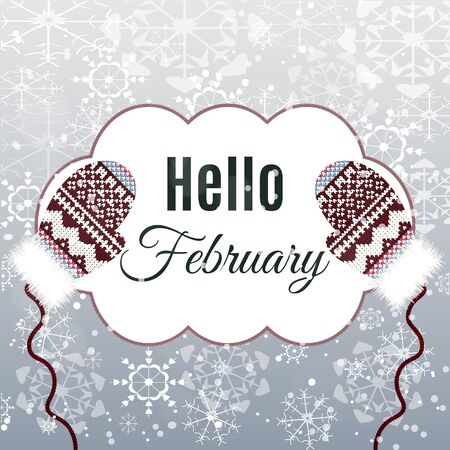 Hello February lettering on winter background with mittens. Vector illustrationのイラスト素材