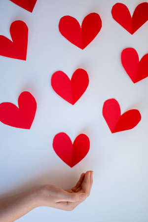 hand holding red hearts on a white background