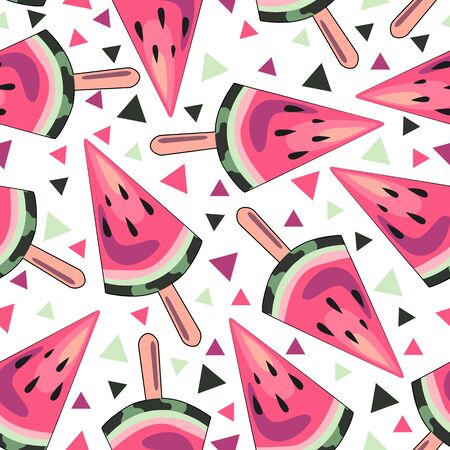 Bright summer seamless pattern: fruit ice in the form of watermelon slices. Clipart in pink and...