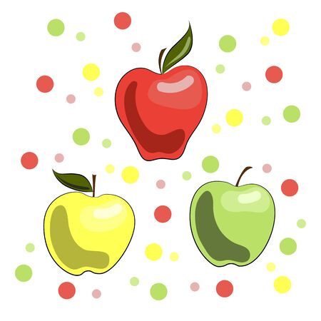 A vivid illustration of apples: red, yellow and green. Ripe juicy fruit. Summer. Image for your decor and design. Healthy food. Proper nutrition. Vegan. Vegetarian.のイラスト素材