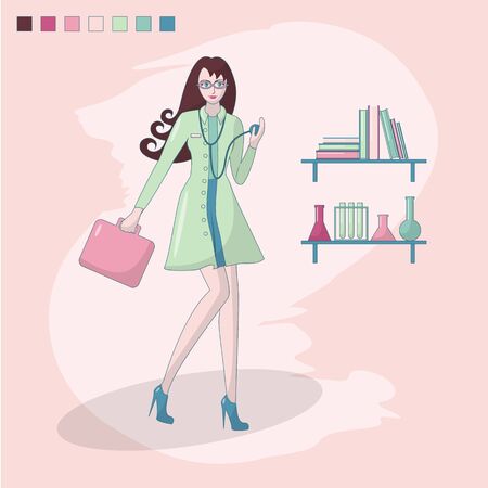 Woman doctor with phonendoscope and medical bag. The illustration shows the shelves with medical books and flasks for analysis. Nurse. The medicine. Health. Treatment. Nude colors.のイラスト素材