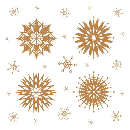 Set of snowflakes from geometric shapes in gold color. Christmas decorations. New Year. Winter. Snow. Isolated objects on a white background. Holiday. Silhouette. Shape. Vector ilustration.のイラスト素材