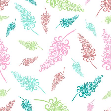 Stylized feather from ornament element vector seamless pattern. Multicolored feather seamless texture.のイラスト素材