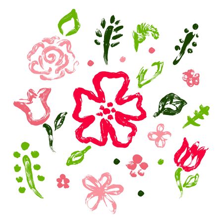 Set flowers, leaves, herbs painted with finger paints. Handmade. Happy Women's Day. Wedding. Spring. Template for card, banner, social networks, t-shirt. Vector illustration Isolated white background.のイラスト素材