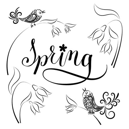 Spring set drawn in black line.のイラスト素材
