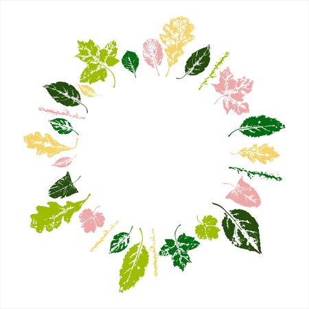 A wreath of spring leaves: maple, oak, birch, spruce branch and others. Stamp. Imprint.のイラスト素材