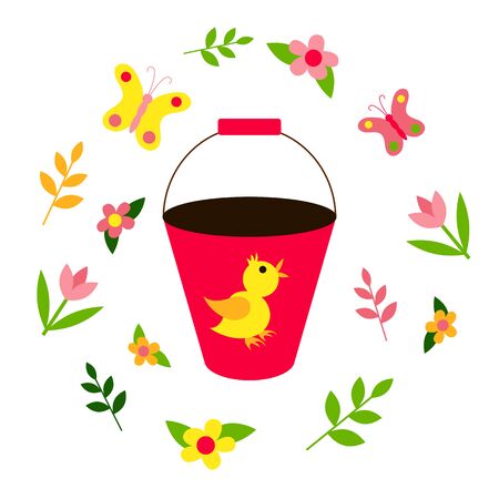 Garden bucket. Spring set: butterflies, flowers, plants. Lettering Hello Spring. Flat design. Isolated elements on a white background. Vector illustration. Gardening.のイラスト素材