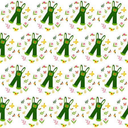 Green jumpsuit vector seamless pattern. Garden clothing seamless texture. Spring flowers, twigs and butterflies. Packaging, textiles, wrapping paper, wallpaper design. Isolated white background.のイラスト素材