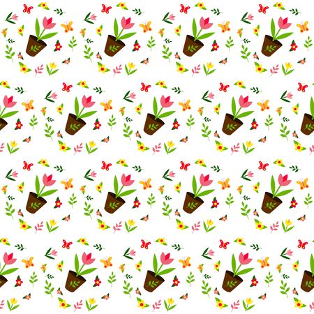 Garden tulips vector seamless pattern. Flowers seamless texture. Spring flowers, twigs and butterflies. Packaging, textiles, wrapping paper, wallpaper design. Isolated white background. Gardening.のイラスト素材