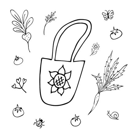 Eco bag, vegetables, flowers, insect hand draw with black line. Spring set. Vector illustration decoration. Coloring. Isolated objects on a white background.のイラスト素材
