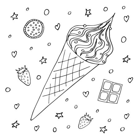 Ice cream in a waffle cone with strawberries, cookies and chocolate. Hand drawn with a black line. Tasty summer dessert. Coloring. Vector illustration. Isolated objects white background.のイラスト素材