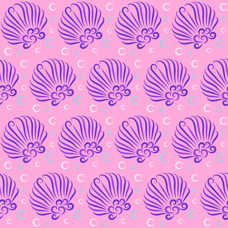 Stylized shell and bubbles vector seamless pattern. Ornate Sea Inhabitants seamless texture. Undersea world. Textile, wrapping paper, wallpaper design, packaging. Pink and purple color. Illustration.のイラスト素材