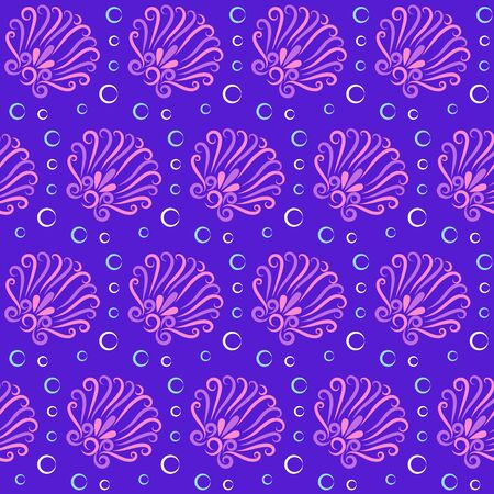 Stylized shell and bubbles vector seamless pattern. Ornate Sea Inhabitants seamless texture. Undersea world. Textile, wrapping paper, wallpaper design, packaging. Pink and purple color. Illustration.のイラスト素材