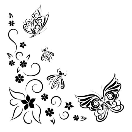 Butterflies, wasps and flowers. Summer stylized composition. Drawing a black line. Frame. Copy space.のイラスト素材