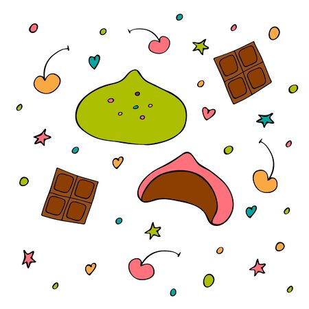 Japanese ice cream mochi with chocolate and cherry. Hand drawn. Delicious refreshing summer dessert. Tasty snack. Vectorのイラスト素材
