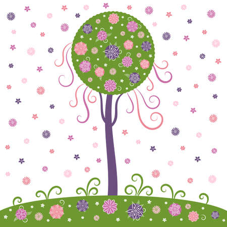 Beautiful flowering tree. Eco. Nature protection. Green Planet. Template for postcard, poster, banner, social networks. Vector illustration.のイラスト素材