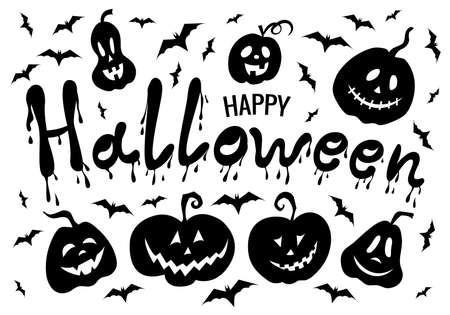 Happy Halloween black composition: lettering, pumpkin lantern jack, bats. Festive banner with the inscription and illustration.のイラスト素材