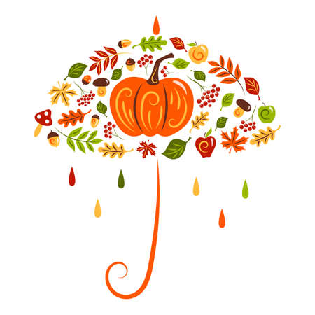 Autumn set in the shape of an umbrella: pumpkin, apples, mushrooms, berries, acorns, yellowing leaves. Gardening. Flat design with ornate pattern. Isolated images. Vectorのイラスト素材