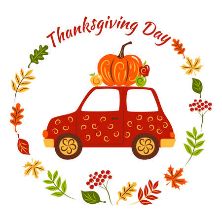 Red car with pumpkin and apples. Festive illustration for Thanksgiving Day. Greeting card. Vector. Isolated elements on a white background.のイラスト素材