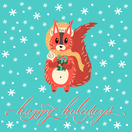 Squirrel in a warm hat with a scarf and a gift in his paws. Cute character. Animal, lettering Happy Holidays, snowflakes. Isolated. Vector illustration. Greeting Christmas card. New Year.のイラスト素材