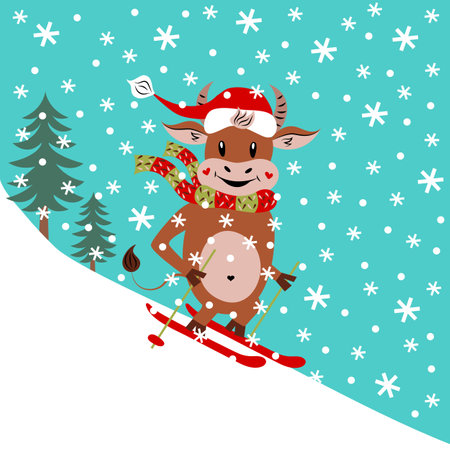 Cute bull skiing down the mountain. Cartoon character. The symbol of the New Year. Christmas. Winter sport. Copy space. Flat design. Vector illustration.のイラスト素材