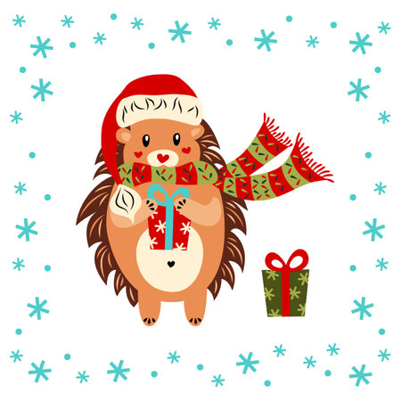 Cute hedgehog in hat, scarf with Christmas gift and snowflakes. Cartoon character. New Year. Flat design. Vector. Funny animal. Isolated image white background. Greeting card.のイラスト素材