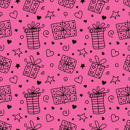 Assorted gift boxes doodle vector seamless pattern. Present and symbol seamless texture. Textiles, wrapping paper, wallpaper design, packaging.のイラスト素材