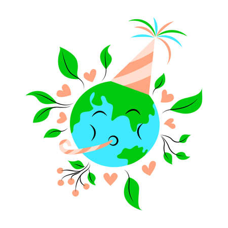 Happy Earth Day. Greeting card with cute cartoon character. Earth in a cap and a birthday pipe. Vector illustration.のイラスト素材