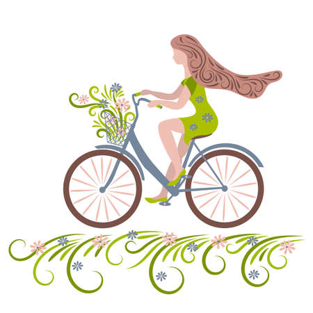 A young woman on a bicycle picked flowers in a field. Springtime. Vector illustration.のイラスト素材