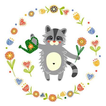 Raccoon with a watering can and a flower in his hands. Springtime. Cute animal. Vector illustration. Greeting card.のイラスト素材