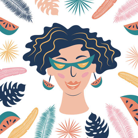 women's summer. Woman in sunglasses, surrounded by banana leaves, palms and monstera and slices of...