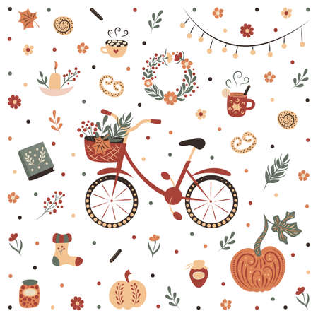 Cozy autumn set. Hygge. Harvest Festival. Isolated objects on a white background.のイラスト素材