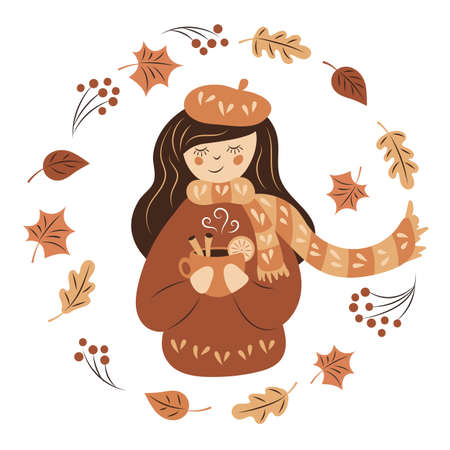 The girl drinks a hot aromatic drink. Autumn mood. Hugge.のイラスト素材