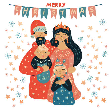 Cute Christmas and New Year illustration family greets the holiday.のイラスト素材