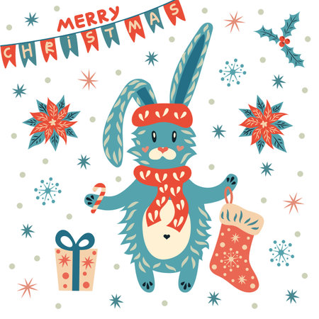 A cute bunny with a Christmas gift sock and a candy cane. New Year decoration.のイラスト素材