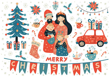 Christmas set family in festive clothes, a Christmas tree, gifts and decorations. Vector illustration.のイラスト素材