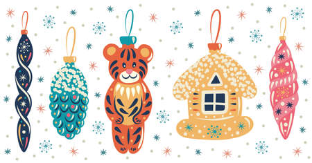 Soviet Christmas tree decorations: tiger cub, pine cone, house, icicles. New Year toys.のイラスト素材