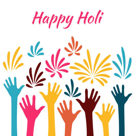Peoples hands throw holi colors. Happy holi holiday. Template for your design. Isolated objects on a white background. Vector illustration.のイラスト素材