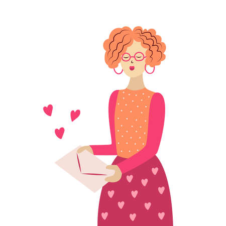Girl with a valentine in her hands. Happy Valentine's Day. Isolated image on a white background. Template for your design.のイラスト素材