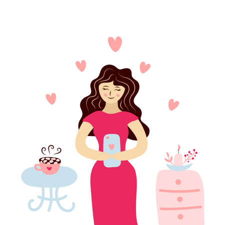 Beautiful young woman with a phone in her hands. Online date. Relations at a distance.のイラスト素材