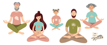 Yoga family. Mom, dad, daughter, grandparents sit in the lotus position and meditate, the cat lies nearby. Isolated vector illustration on a white background.のイラスト素材